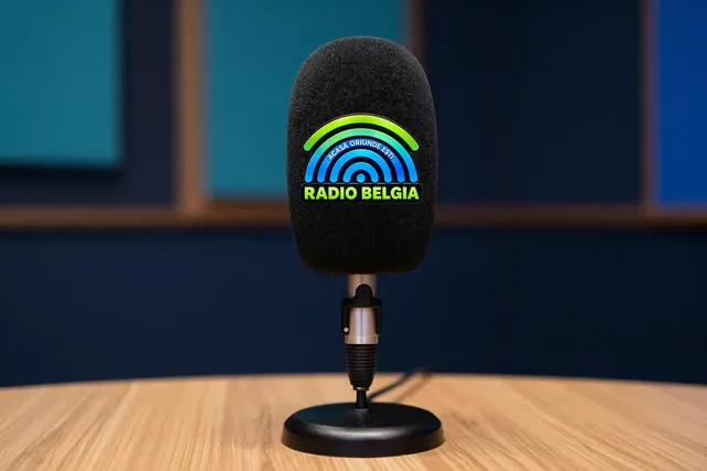 Microfon de studio cu husă neagră și logoul Radio Belgia