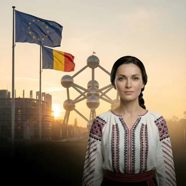 Miruna, avatarul AI Pop Media, la Atomium în Bruxelles