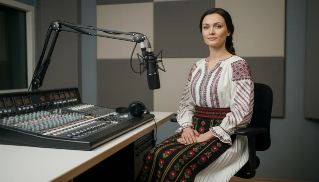 Miruna, avatarul AI Pop Media, în studio la mixer